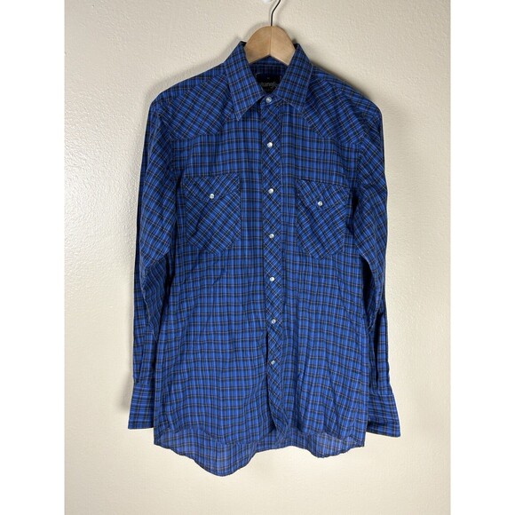 Wrangler Vintage M Western Shirt Pearl Snap Plaid Blue Long Sleeve Button Up - Picture 1 of 3